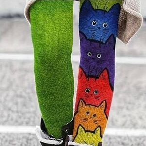 Womens Leggings Sz Small Cats Design Colorful Green Stretch Exercise Activewear‎